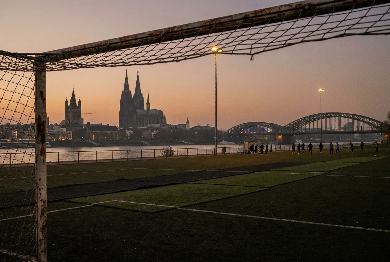 Kunstrasenplatz am Rhein im Abendlicht, dahinter die Kölner Silhouette