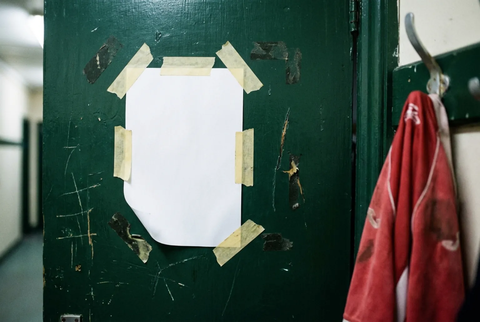 Ein Blatt Papier mit Klebeband an einer grünen Kabinentür